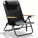 Premium Portable Camping Chair 5-Position Recliner Beach Folding Lightweight Outdoor Chair with Wooden Armrests, Headrest, Multi-Pockets Heavy Duty 350lbs, for Patio, Backyard, Black