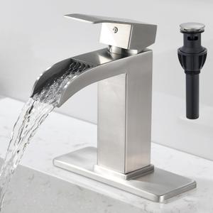 Brushed Nickel Waterfall Bathroom Faucet - Single Handle Sink Faucets Bathroom 1 Hole or 3 Hole for 4In | Modern Solid Brass Vanity Faucet with Deck Plate & Overflow Pop Up Drain