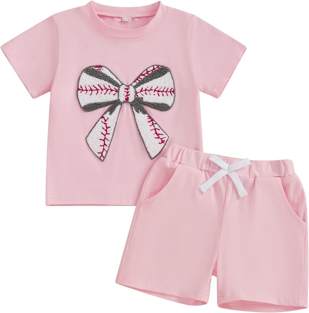 Toddler Baby Girl Summer Outfits Baseball Bow Fuzzy Embroidered T Shirt Top Shorts 2Pcs Baseball Game Day Clothes (Pink)