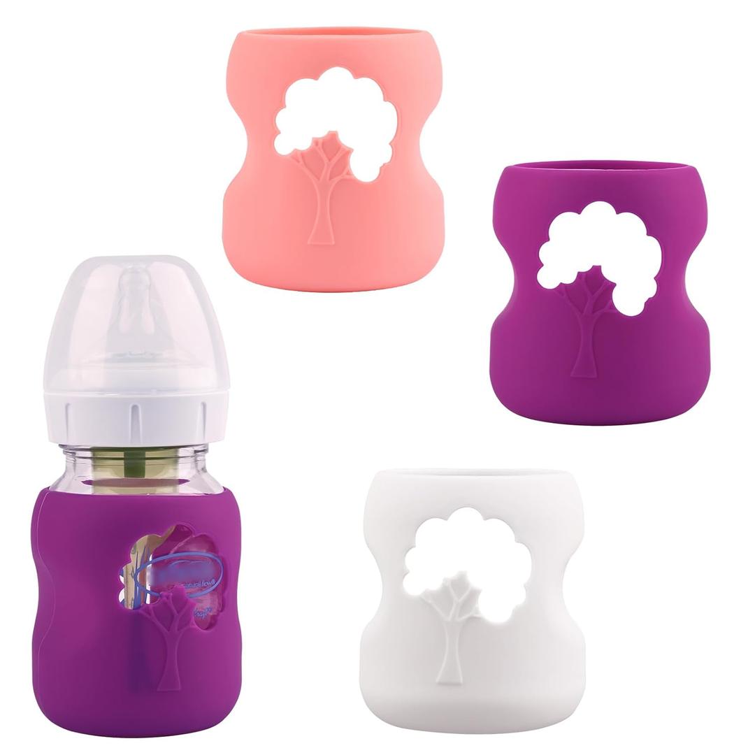 3 Pack Silicone Sleeves for Dr. Brown's Natural Glass Baby Bottles, Anti Breakage Baby Bottle Holder, Compatible Dr. Brown Wide-Neck Glass Baby Bottles 5 oz (White+Pink+Purple) (5 Ounce, White+Pink+Purple)