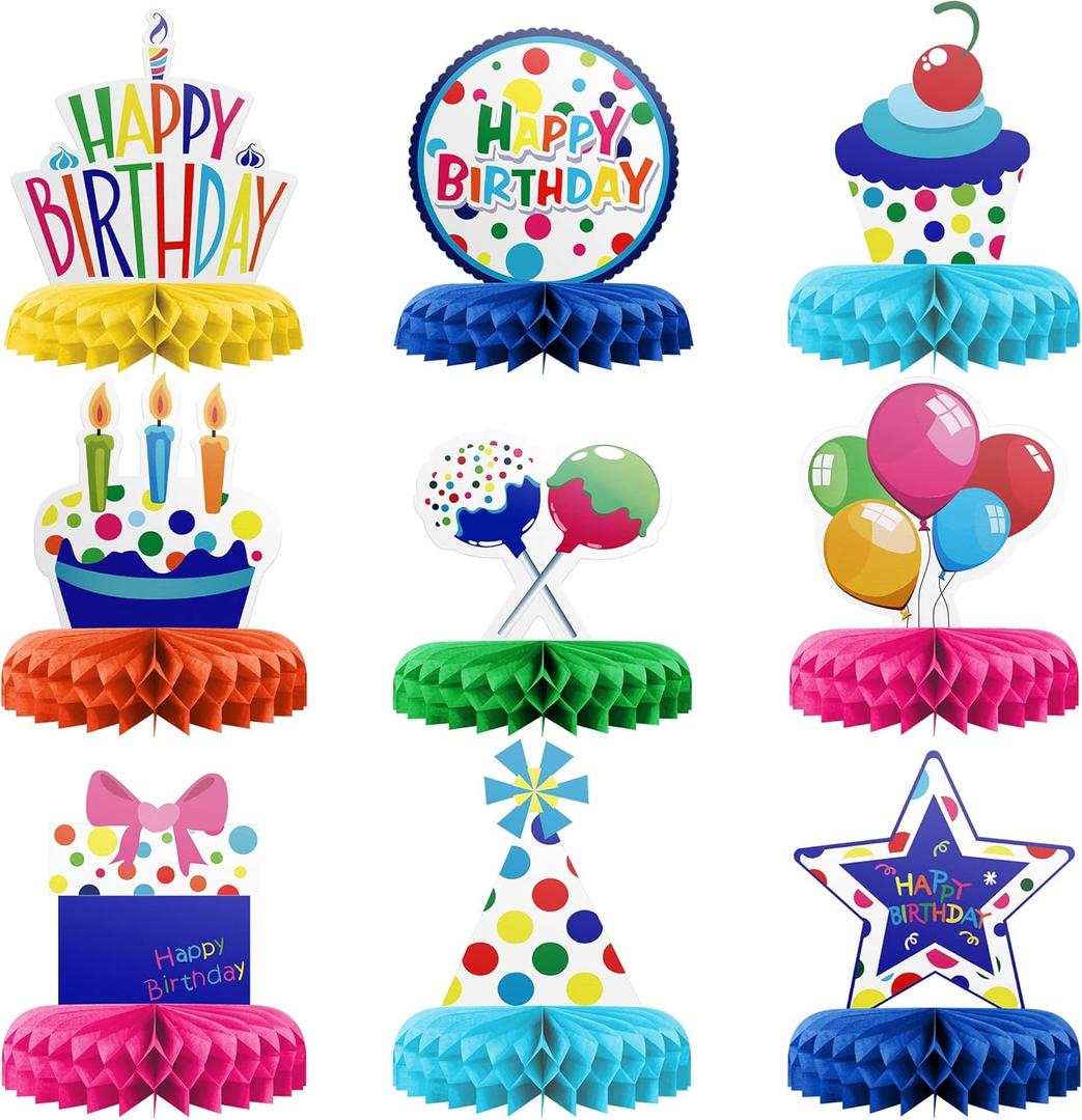 Happy Birthday Table Decoration Centerpieces - 9 Pieces, Multicolor - Double-Sided Happy Birthday Centerpieces for Tables - Party Supplies for Elegant Birthday Decorations - by PixiPy