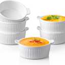 Delling Ramekins with Handle, 6 PACK Soup Bowls for French Onion Soup, Pot Pie, Lava Cakes, Creme Brulee, 12 Oz Porcelain Souffle Dish for Baking, White