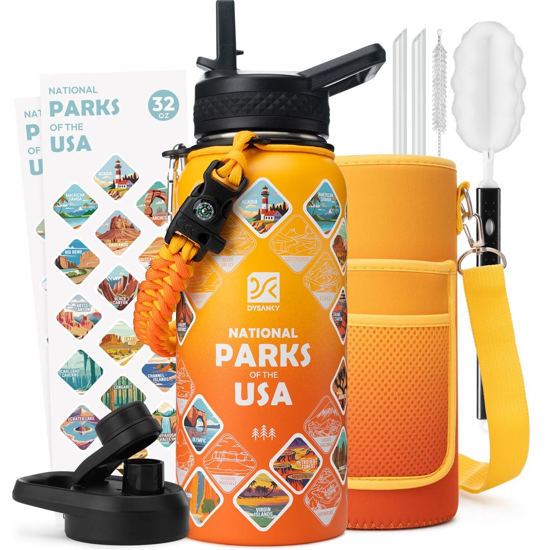 DYSANKY National Parks Water Bottle – 32 oz Insulated Stainless Steel Bottle with 63 Hand-Drawn Park Stickers, Carrier Bag, Strap & Gift Box – BPA-Free – Ideal for Hiking, Camping & Travel