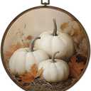 cvjutf Vintage Fall White Pumpkin Wall Art Framed, Fall Bathroom Decor, Rustic Farmhouse Autumn Round Wall Decor, Thanksgiving Pumpkin Canvas Prints Art for Kitchen Bathroom Living Room, 10x10 Inch