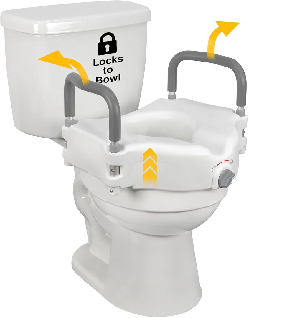 FSA/HSA Eligible, Vaunn Raised Toilet Seat and Elevated Commode Booster Seat Riser with Removable Padded Grab Bar Handles & Locking Mechanism