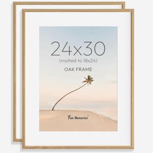 Fun Memories 24x30 Picture Frame, Solid Oak Wood 30x24 Poster Frame for Wall, 24x30 Matted frame for 18x24, Natural Oak Wood Frame for Home Decor, Set of 2, 24x30 in - 2P