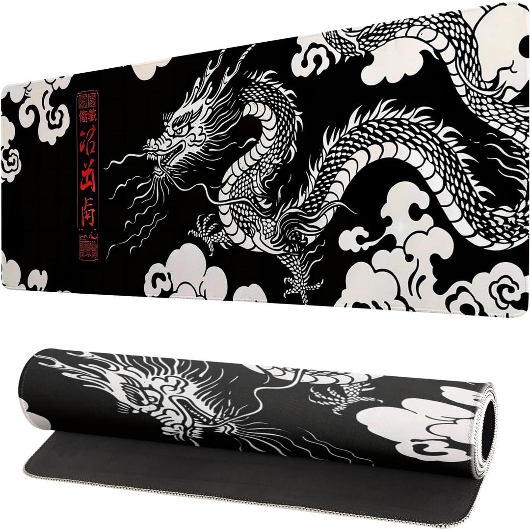 Gaming Mouse Pad Desk Pad,Extended Big Mouse Pad,31.5x11.8 Inch Long Computer Keyboard Mouse Mat Mousepad with 3mm Non-Slip Base and Stitched Edge for Gaming and Office (Loong)