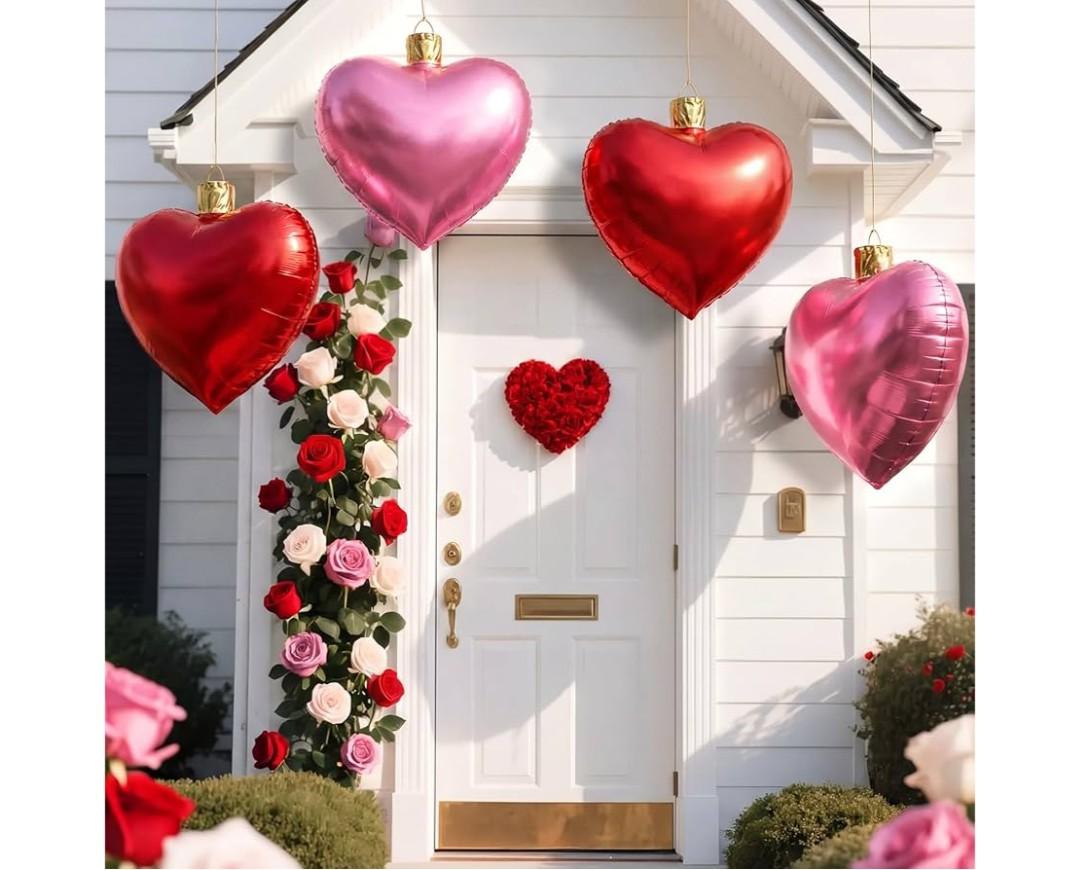 Jetec 4 Pcs 17" Valentine's Day Inflatable Ornament with Glitter Cloth Cover, Large PVC Heart Blow up Ornaments Blow Ball for Yard Outdoor Lawn Porch Decorations (Heart,Red,Pink)