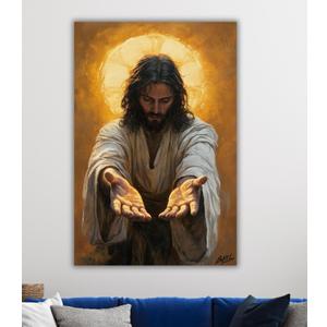 Framed Jesus Canvas Wall Art Jesus Gold Halo Wall Decor Picture Christian Poster Painting Decoration Unique Print Wall Decor Living Room Bedroom Church Home Decor 16x24 Inch Ready to Hang