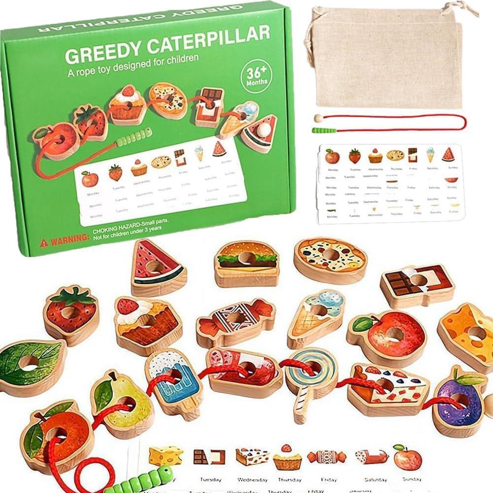 2025 New Upgrade Wooden Greedy Caterpillar Rope Toy,Threading Toys, 2.5in Fruit & Vegetable Toys with Rope, Montessori Fine Motor Skills Farm, Bag for 3+ Year