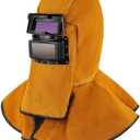 Kingdder Welding Helmet Mask with Auto Darkening Filter Lens Leather Welding Hood Grinding Protective Gear Work Cap Head Face Neck Shield, Flame & Heat Resistant, Dust Resistant, Breathable(Yellow)