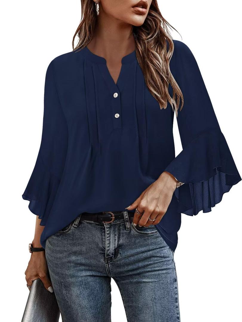 Angerella Ladies Tops & Blouses Dark Blue Office Attire Blouses Casual Business Shirts Plus Size Professional Formal Interview Clothes Relaxed Ruffled 3/4 Length Sleeve Chiffon Outfits Loose Fit S (Blue, S)