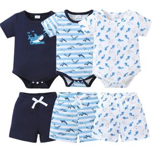 Jecson Newborn Boy Clothes Baby Boy Outfits Summer Set 6-Piece Cotton Short Sleeve Top and Shorts for 6-9 Months (Blue)