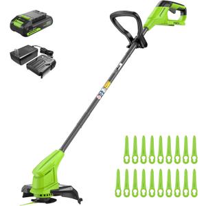Greenworks 24V 10" Cordless String Trimmer with 2.0Ah Battery and Charger, 20 Replacement Blades Included