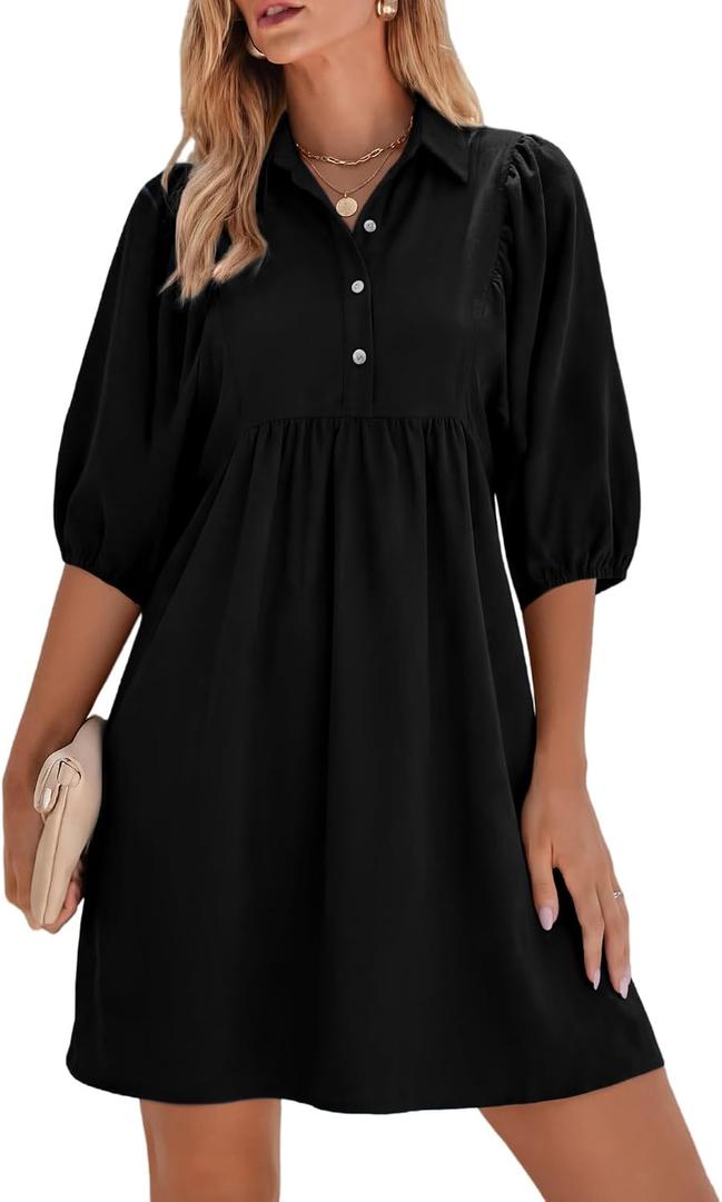 FENSACE Womens Casual Shirt Dress Puff Sleeve Button Down Shift Collared Neck Dresses with Pockets (Black, XL)