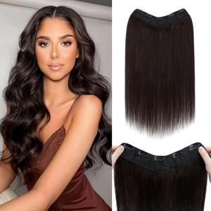 Benehair One Piece Clip in Hair Extensions Real Human Hair 3/4 Full Head V Shaped Weft Thicker Hair Lace Net One Piece Hair Extensions with 5 Clips (12"-55g #2 Dark Brown)