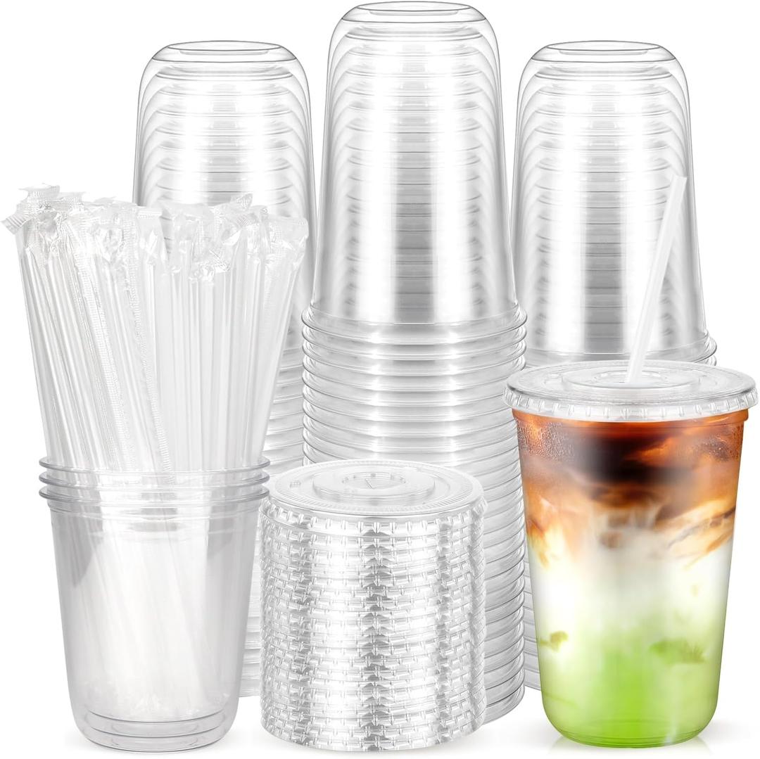 100PCS 16 oz Disposable Plastic Cups with Flat Lids and Clear Straws, Round Bottom To Go Iced Coffee Cups, BPA Free Holiday Cups for Smoothies, Cold Drinks, Coffee Shop, Juice Bars, Takeout, Office