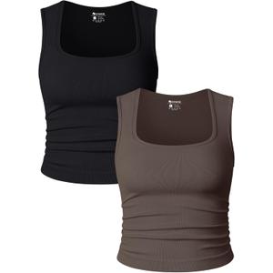 OQQ Womens 2 Piece Crop Tops Rueched Sleeveless Square Neck Stretch Basic Tank Shirts (Medium, Black,tea Leaf)