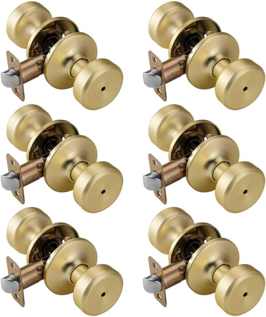 6 Pack Satin Brass Interior Door Knobs, Pismo Gold Door Knob with Lock, Privacy Door Handles Interior for Bath & Bed