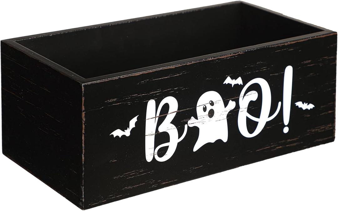 Sintuff Halloween Candy Bowl Wooden Funny Candy Dish Trick or Treat Large Halloween Serving Dish Holders Wood Serving Bowl Tableware for Table Desk Haunted House Decoration(Boo)