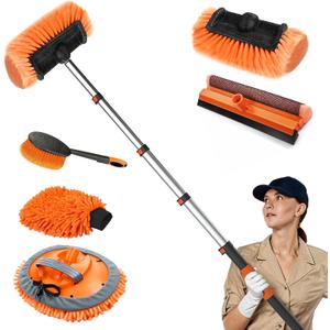 SISUPASSIE 16FT Car Wash Brush with Long Handle, Car Cleaning Brush Kit with Soft Bristle Brush, Solar Panel Cleaning Kit, Window Squeegee, Microfiber Mop, Wheel Brush, Mitt for Truck, RV, Boat