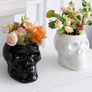 2 Pcs Skull Planter Pots, Skeleton Vase/Bowl for Flowers, Succulent, Cactus and Candy, for Gothic Home Office Desk, Halloween and Day of The Dead Decorations - White and Black