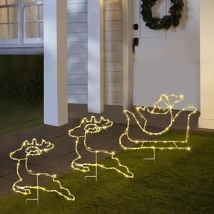 Christmas Pathway Lights Outdoor, Set of 3 Reindeer and Sleigh Christmas Walkway Decoration, with 150 Warm White Lights and 8 Lighting Modes