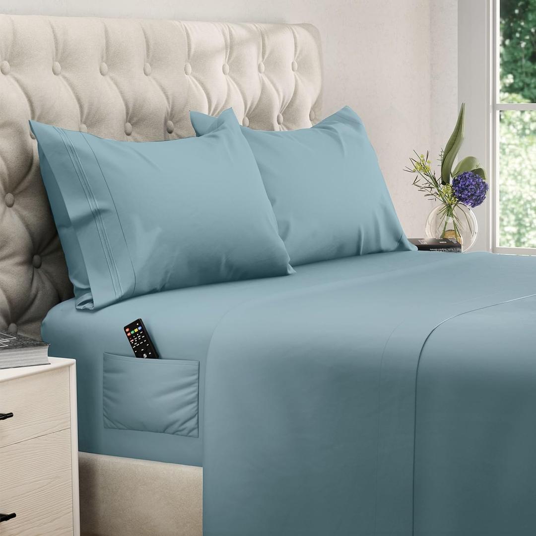 DREAMCARE King Size Sheets Set 4 pcs Cooling Sheets up to 21 Deep Pocket King Sheet Set Hotel Luxury Sheets & Pillowcases Superior Softness 100% Microfiber with Side Pocket - Mineral Blue