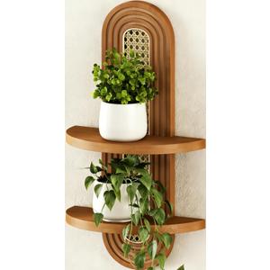 Floating Shelves for Wall,Boho Home Wall Decor,2-Tier Rattan Plant Shelf,Mid Century Hanging Small Decorative Shelf,Natural Wood Shelves for Living Room,Bedroom,House,Office,1-Pack (Walnut)