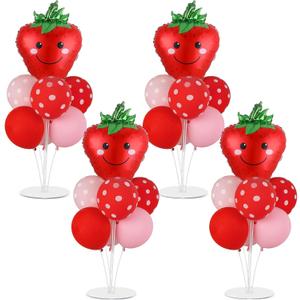 4 Sets Strawberry Party Balloons Stand Kit with Strawberry Foil Balloons Sweet 1st Party Balloon Centerpiece for Tables for Girls Birthday Baby Shower Decoration