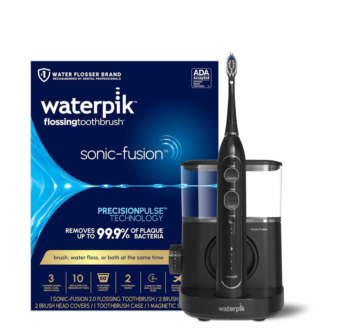 Waterpik SonicFusion 2.0 Professional Flossing Electric Toothbrush with Water Flosser Combo Two In One, For Daily Gum Care and Cleaning Teeth, Braces, Implants, Black SF04CD0124