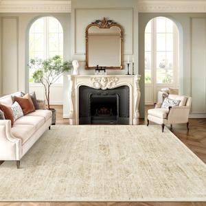 Washable Area Rug 8x10, Large Soft Rugs for Living Room Vintage Beige Rug 8x10 Area Rugs for Bedroom Dining Room Floral Non-Slip Thin Rug