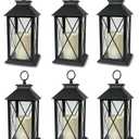 Decorative Black Lanterns Set of 6 with LED Flameless Candles Outdoor & Indoor Lantern Decor with 4 Hour Timer Cross Bar Design Hanging or Tabletop Lanterns 13 Inch