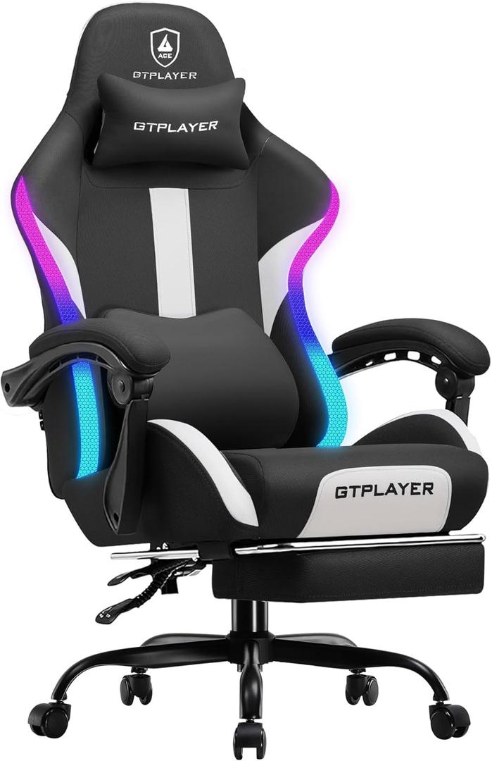 GTRACING Gaming Chair with Foot Rest & Racing Style RGB LED Lights, Breathable Fabric for Home Office Desk, Ergonomic High Back Computer Chair with Headrest & Lumbar Support, RGB Black