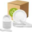 250 PCS Compostable Paper Plates and Utensils Set (EXTRA LONG), White Microwaveable Compostable Dinnerware Set, Disposable Plates, Bowls & Cutlery Includes Forks, Knives & Spoons, 50 Sets Each