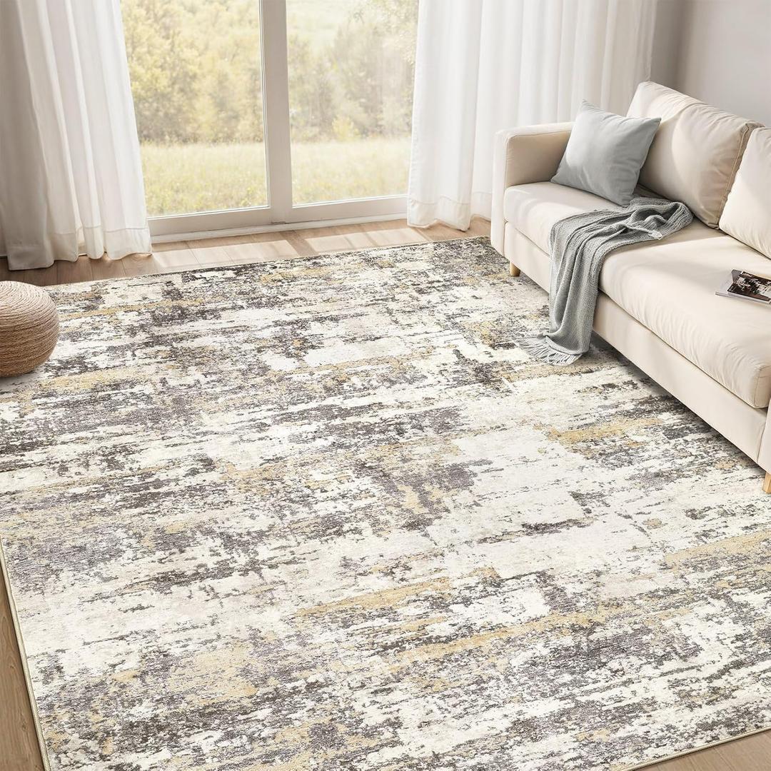Area Rugs for Living Room: 6x9 Abstract Washable Rug Modern Neutral Large Soft Stain Resistant Non-Slip Backing Machine Table for Bedroom Dining Room Indoor Home Office Carpet - Gold Brown