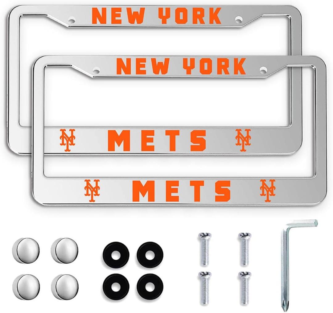 2 Packs License Plate Frames for Mets, Silver License Plate Covers, Universal Aluminum Tag Frame Holder for Front and Rear Car Tags (BlackLE)