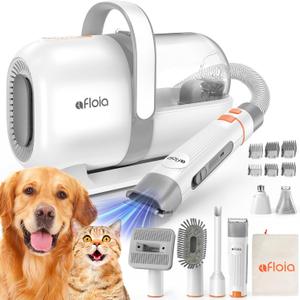 Afloia 6-in-1 Dog Grooming Kit, Pet Grooming Vacuum for Shedding, Dog Hair Vacuum with Clipper Nail Trimmer Grinder, Pet Brush Groomer at Home, Low Noise Cats Hair Remover, 1.5L Dust Cup, White (Silver)