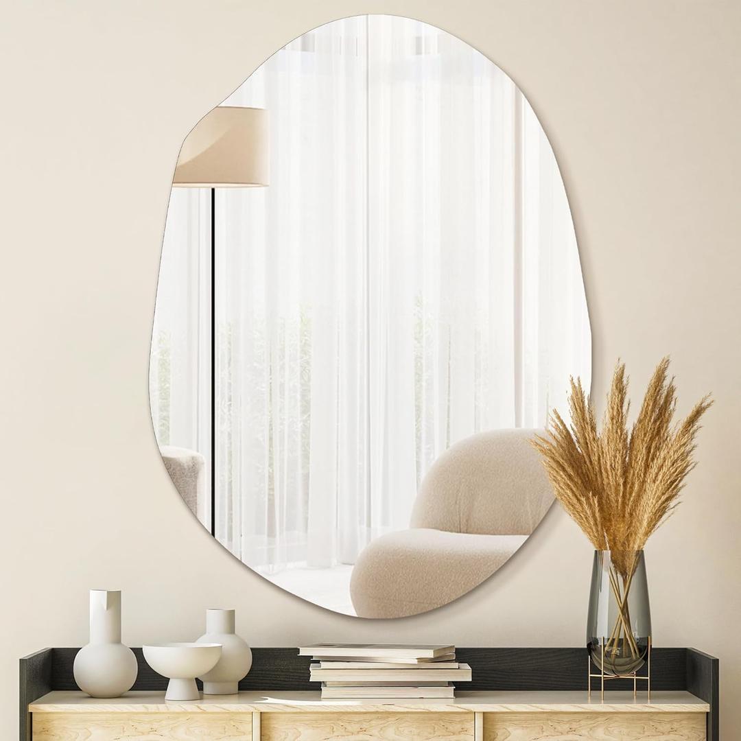 Irregular Asymmetrical Wall Mirror for Living Room Bathroom Entryway, Modern Decorative Mirror Hanging (Hook Style, 24'' x 18'') (Frameless)