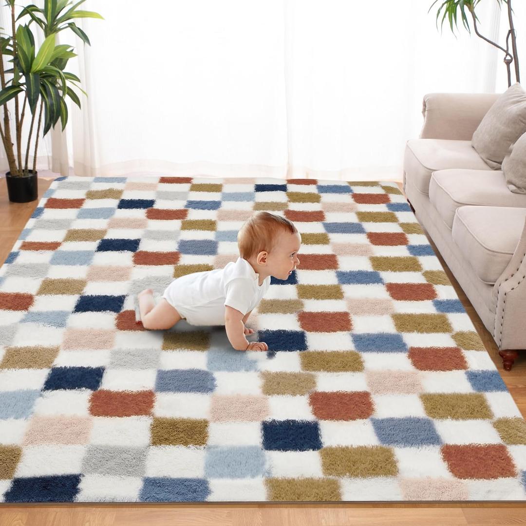 Super Soft Rug for Bedroom, 5x7 Ft Rainbow Area Rug Classic Checkered Shaggy Rug Anti-Skid High Pile Soft Fluffy Fuzzy Carpet for Living Room Bedroom Kids Room Nursery, Dorm Home Decor (6'8" x 5' (Rectangular))