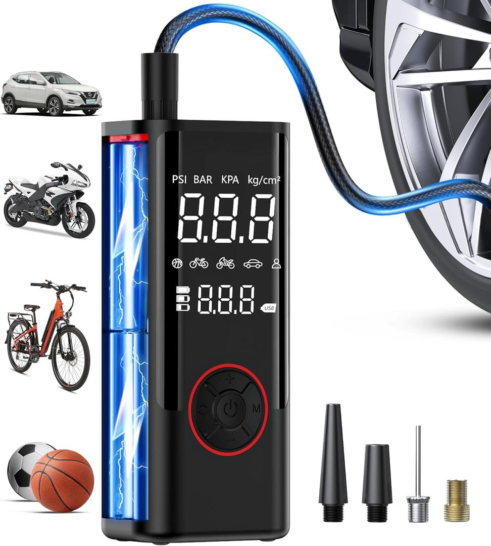 Tire Inflator Portable Air Compressor, Cordless Air Pump for Car Tires with Pressure Gauge, Battery & 12V DC Dual Power Bike Tire Pump, 150PSI Portable Tire Inflator for Car, Motorcycle, Bicycle, Ball (black)