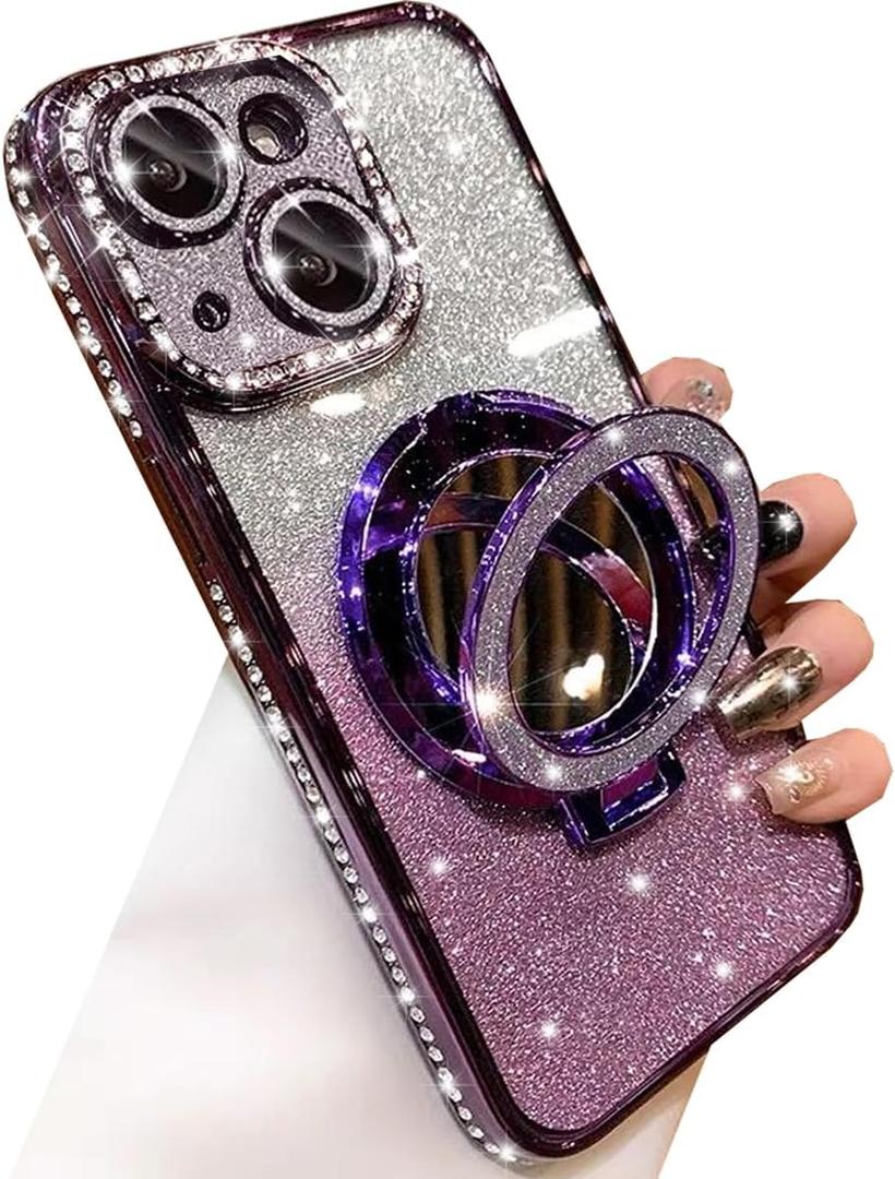 Changjia Magnetic Kickstand Glitter Case for iPhone 15,[Compatible with Magsafe] Luxury Bling Sparkly Rhinestones Diamond with Camera Protector Makeup Mirror Women Girls Case for iPhone 15 6.1",Purple