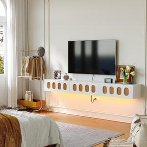 Fully Assembled Plywood Floating TV Stand, 55 Inch Wall Mounted Media Console with High Gloss Finish, 1 Door & 2 Drawers, Mid-Century Oval Cutout Design for Living Room (White)