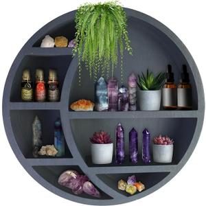 Nimpro Wooden Crescent Moon Shelf Wall Decor  Decorative Boho Home Hanging Display Shelf for Bedroom, Dorm, Nursery  Easy Mount Storage for Crystals and Essential Oils  14 x 14 x 3.5 (Navy)