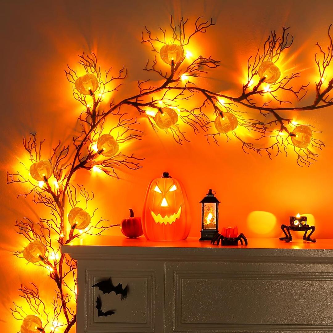 Joyhalo Halloween Garland with Lights Decorations with Pumpkin Lights,Battery Operated 6FT 47 LED Halloween Willow Vine Twig Garland for Mantle,Wall,Fireplace and Halloween Decorations