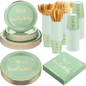 Yungyan 400 Pcs Baby Shower Dinnerware for 50 Guest Baby Shower Paper Plate Napkin Set Gender Reveal Plate Napkins Cup Footprint Disposable Knives Fork Spoon Gender Reveal(Green1,Hello Sweet)