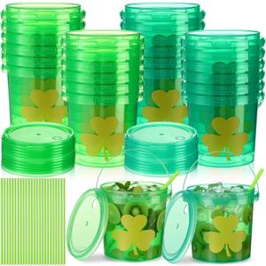 24 Pack 32oz St Patrick's Day Buckets with Lids and Straws Plastic Shamrock Cocktail Rum Buckets for Drink and Ice Cream Reusable Punch Bowls Cups for Party (Style 3, Green, Light Green) (Clover)