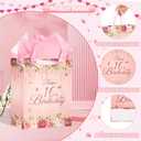 Floral 16th Birthday Gift Bag with 16th Birthday Wrapping Paper and Greeting Card Pink Flower 16 Treat Candy Goodies Paper Bag with Handle for Girls Happy 16 Bday Decorations Party Favor Supplies