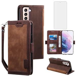 Asuwish Flip Phone Case for Samsung Galaxy S21 Plus/S21+ 5G, Brown Leather Wallet Case with Tempered Glass Screen Protector, Kickstand, Credit Card Holder, Lanyard