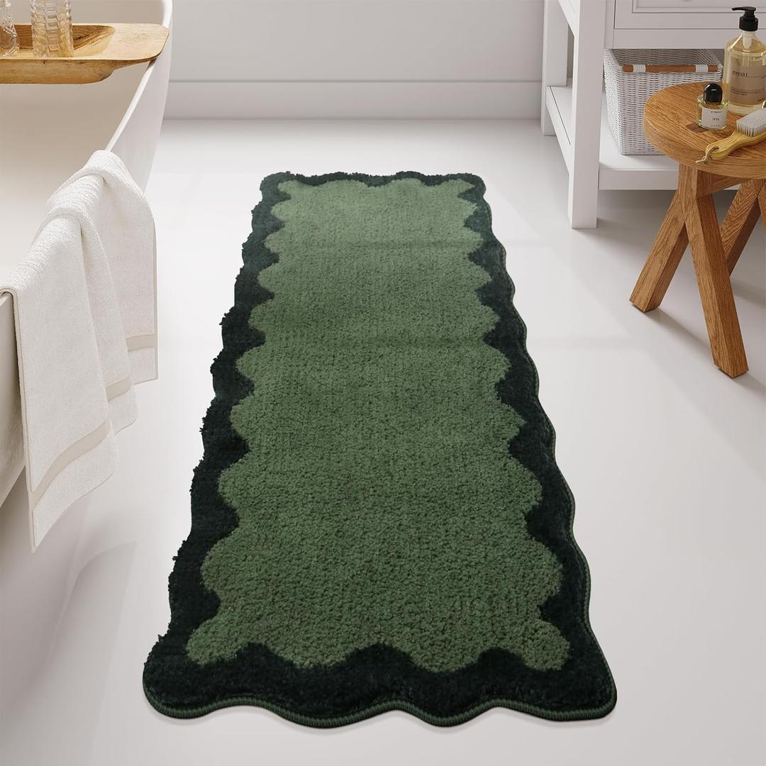 Uphome Bathroom Runner Rug, Green Large Water Absorbent Cute Bath Mat Non Slip Washable, 24x60 Soft Irregular Shaped Shaggy Microfiber Bath Runner Rug for Floor, Bathtub, Bedroom